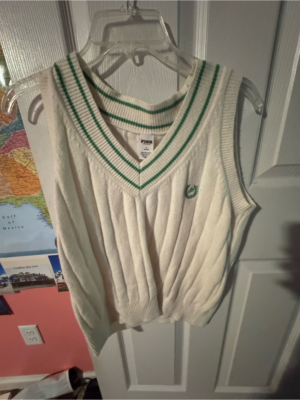 PINK Victoria's Secret Cream V‑Neck Cable Knit Sweater Vest with Green Trim